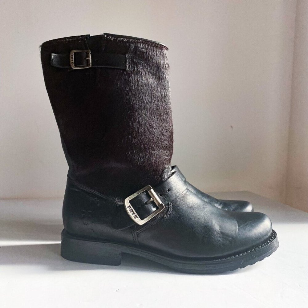 Frye Black Leather & Dark Brown Haircalf Buckle Boot